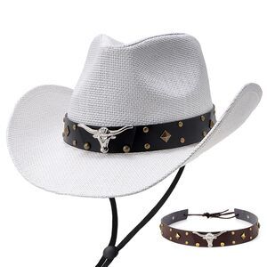 6341 Cowboy Cowgirl Hats For Men Women 2 Pack Hatbands Straw Hat Wide Brim